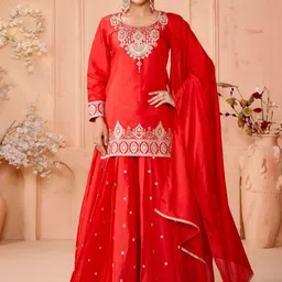 MADHURAM Floral Embroidered Thread Work Ready To Wear Silk Lehenga With Blouse & Dupatta-picture-22