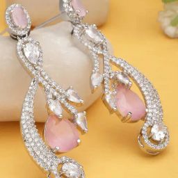 Zeneme Rhodium Plated Silver Toned Pink AD Quirky Drop Earrings-6