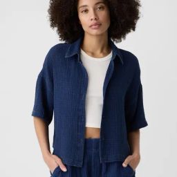 GAP Blue Cotton Solid Short Sleeves Shirt-image-3