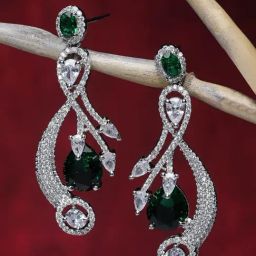 Zeneme Rhodium Plated Silver Toned Green AD Quirky Drop Earrings-14
