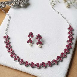 Teejh Silver and Red Petal Fusion Necklace set-image-74