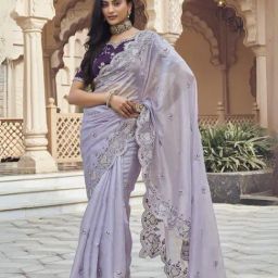 Odette Light Purple Silk Embellished Saree With Unstitched Blouse-picture-15