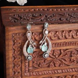 Zeneme Rose Gold Gunmetal Toned Sea Green AD Quirky Drop Earrings-14