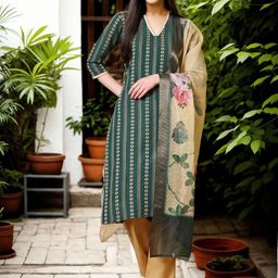 Anouk Woven Design V-Neck Straight Pure Cotton Kurta With Trousers And Dupatta-20