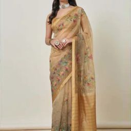 Soch Beige Printed Saree With Unstitched Blouse-image-59