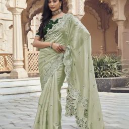 Odette Light Green Silk Embellished Saree With Unstitched Blouse-picture-11