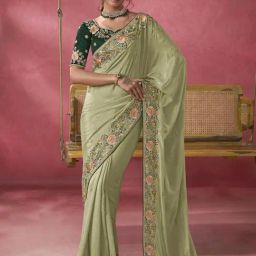 Odette Light Green Georgette Embroidered Saree With Unstitched Blouse-picture-7