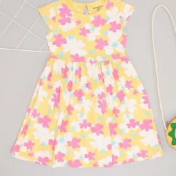 Pantaloons Junior Girls Chinese Yellow & Pink Cotton Floral Casual Dresses-image-4