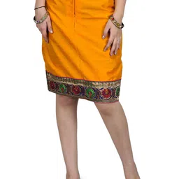 Exotic India Plain Pencil Skirt With Hand-woven Floral Patch Border-image-40