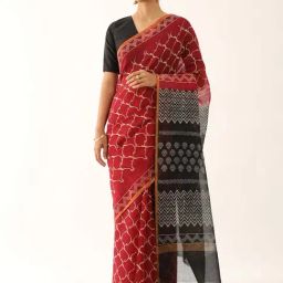 Taneira Red & Black Silk Printed Saree With Unstitched Blouse-image-0