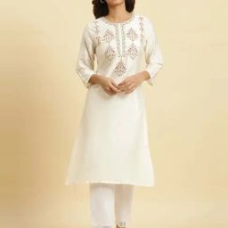W Off-White Embroidered Straight Kurta-image-81
