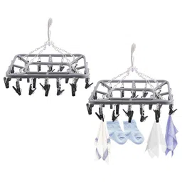 Kuber Industries Grey & Black 2 Pieces 360 Rotating 32 Clips Hangers for Drying Clothes-44