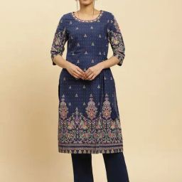 W Women Blue Festive Floral Print Cotton Straight Kurta-image-58