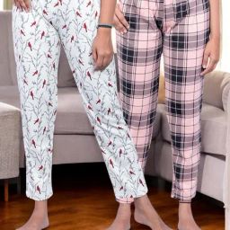 Kryptic Peach & Off White Cotton Relaxed Fit Printed Lounge Pants - Pack of 2-image-85