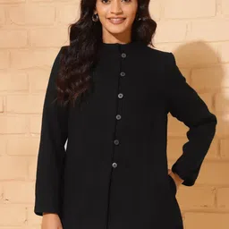 Fabindia Women Collarless Solid Woollen Casual Tailored Jacket-image-80