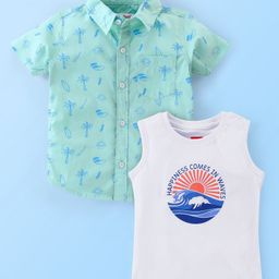 Babyhug 100% Cotton Half Sleeves Palm Tree Print Shirt with T-Shirt - Blue-image-20