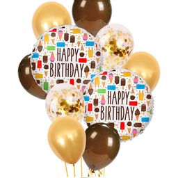 AMFIN Happy Birthday Round Foil Confetti Balloon & Ribbon Combo for 1st Birthday Balloons Decoration Kit Brown & Golden - Pack of 11-12