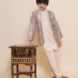 AJ Dezines Full Sleeves Solid Kurta & Pyjama With Seamless Motif Printed & Striped Designed Thread Work Detailed Jacket - Beige-image-7