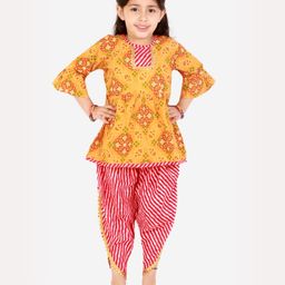 Superminis Three Fourth Sleeves Bandhej Kurti With Leheriya Dhoti Set -  Orange-image-37