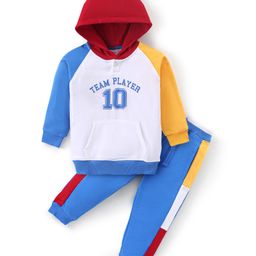 Babyhug 100% Cotton Knit Raglan Sleeves Hooded T-Shirt & Lounge Pant Set Text Print - White Yellow & Blue-image-18