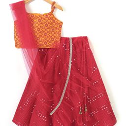 Babyhug Sleeveless Borcade Choli with Mirror Embroidered Lehenga and Dupatta Set - Red-image-13