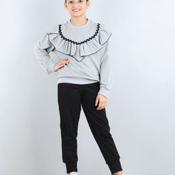 Aww Hunnie Full Sleeves Frill Detailed & Lace Embellished Autumn Winter Wear Sweatshirt With Side Pockets Lower - Grey-picture-10