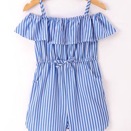 Kookie Kids Cold Shoulder Sleeves Striped  Jumpsuit with Bow Applique - Blue-image-33