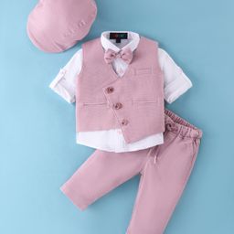 Robo Fry Cotton Knit Full SleevesParty Suit with Hat & Bow Solid Colour- Pink-image-30