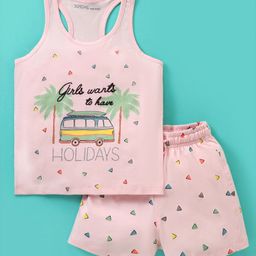 Doreme Single Jersey Knit Sleeveless Night Suit With Bus Print - Pink-image-3