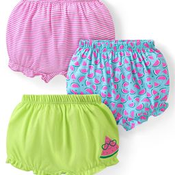 Babyhug 100% Cotton Single Jersey Above Knee Length Bloomer With Striped & Watermelon Print Pack Of 3 - Pink Blue & Green-image-71