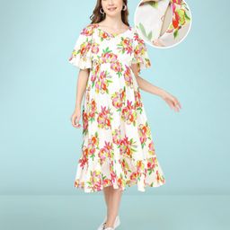 Bella Mama Woven Flutter Sleeves Maternity Dress Floral Print - White-image-17