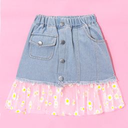 Kookie Kids Denim Skirt with Net Floral Design - Blue-image-60