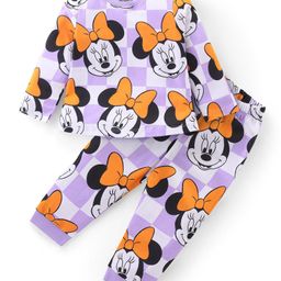 Babyhug Disney Single Jersey Full Sleeves Night Suit With Minnie Mouse Graphics - White & Purple-image-92