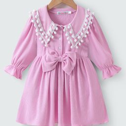 Kookie Kids Full Sleeves Striped Designed Frock with Bow Applique & Lace Detailing - Pink-image-52