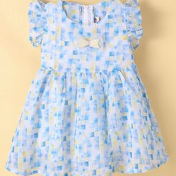 Dew Drops Chiffon Woven Frill Sleeves Checkered Frock With Bow Applique - Sky Blue & Lemon-image-67