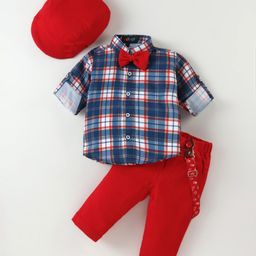 Robo Fry Cotton Woven Full Sleeves Checkered Shirt & Trouser Set with Hat Bow & Suspender - Red & Blue-image-34