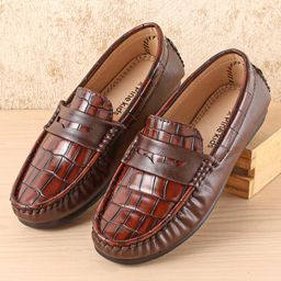 Pine Kids Slip On Party Wear Loafers with Crocodile Texture Design - Brown-image-59