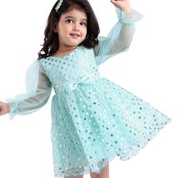 Babyhug Woven Full Peasant Sleeves Fit & Flared Party Frock with Foil Polka Dots Print & Bow Applique - Light Blue-image-29