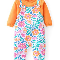 Babyhug 100% Cotton Full Sleeves Romper with Inner Top Floral Print - Orange-image-11