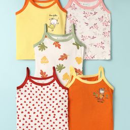 OHMS Single Jersey Knit Singlet Sleeves Heart & Leaf Printed Slips Pack of 5 - Multicolor-11