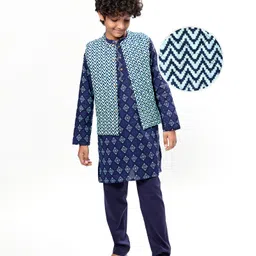 Pine Kids Cotton Woven Full Sleeves Kurta Pyjama Set with Chevron Print Jacket - Blue-picture-39