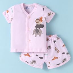 Pink Rabbit Single Jersey Knit Half Sleeves Shorts Night Suit with Animal Print -Light Pink-image-85