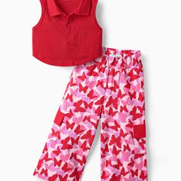 Ollington St. Cotton Lycra Sleeveless Collared Soild Color Top & Butterfly Printed Cargo Pant- Red & Pink-image-45