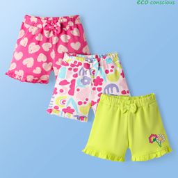 Babyoye Interlock Knit Eco Jiva Finish Shorts With Heart and Floral Print with Bow Applique Pack of 3 - Dark Pink Green & White-image-81