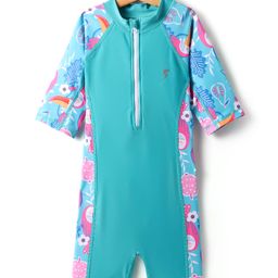 Bosky Swimwear Half Raglan Sleeves Legged Swimsuit With Floral Print -Turquoise-13