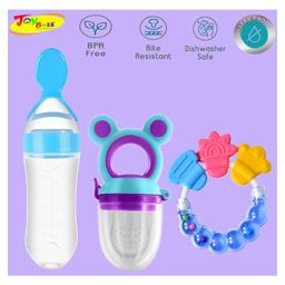 Joy Buzz Silicone Food Feeder Nibbler & Rattle Teether Combo - Multicolor-3