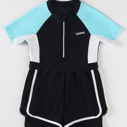 Pine Kids Half Raglan Sleeves Legged Swimsuit With Color Block Design - Black-image-56