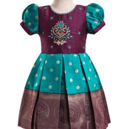 Enfance Half Puffed Sleeves Beads Embellished & Embroidered Banarasi Printed Pattu Pavdai Dress - Rama Green-image-51