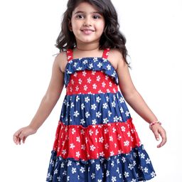 Babyhug Cotton Woven Sleeveless Dress With Floral Print & Smocked Yoke - Navy Blue & Red-image-1