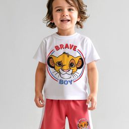 Babyhug Disney Single Jersey Knit Half Sleeves T-Shirts & Shorts Set with Lion King Graphics & Badge Detailing - Red & White-image-70